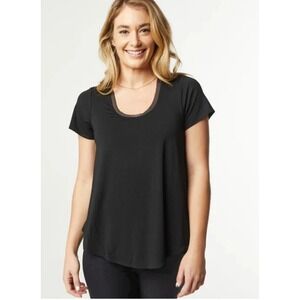 SheBird Flawless Bra Top Women 9 Black Short Sleeve Mesh Trim Scoop Flowy A Line